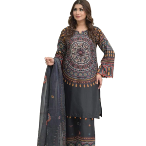 Trendy Pakistani Three-Piece Suit for Women – AC Cotton Kameez with Mirror Work, Printed Salwar & Chiffon Dupatta | Latest Boutique Collection