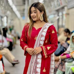 Pakistani three-piece suit with AC cotton kameez featuring jumka embroidery, a pure cotton printed dupatta, and matching embroidered pants. Available in sizes 38, 40, 42, and 44.