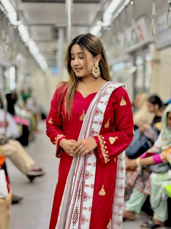 Pakistani three-piece suit with AC cotton kameez featuring jumka embroidery, a pure cotton printed dupatta, and matching embroidered pants. Available in sizes 38, 40, 42, and 44.