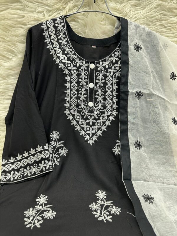 Pakistani Chikankari three-piece set featuring an embroidered top, TC cotton salwar, and lustrous rayon silk dupatta with heavy embroidery and contrasting border