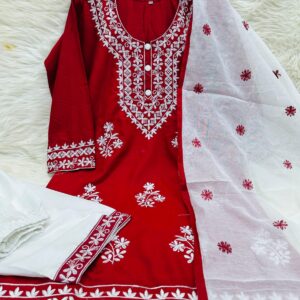 Pakistani Chikankari three-piece set featuring an embroidered top, TC cotton salwar, and lustrous rayon silk dupatta with heavy embroidery and contrasting border