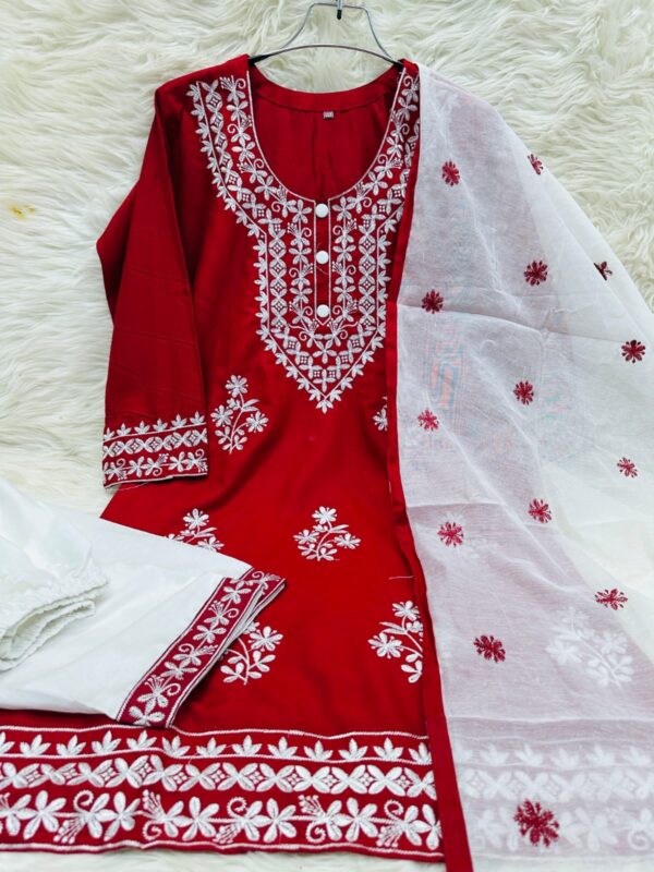 Pakistani Chikankari three-piece set featuring an embroidered top, TC cotton salwar, and lustrous rayon silk dupatta with heavy embroidery and contrasting border
