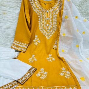 Pakistani Chikankari three-piece set featuring an embroidered top, TC cotton salwar, and lustrous rayon silk dupatta with heavy embroidery and contrasting border
